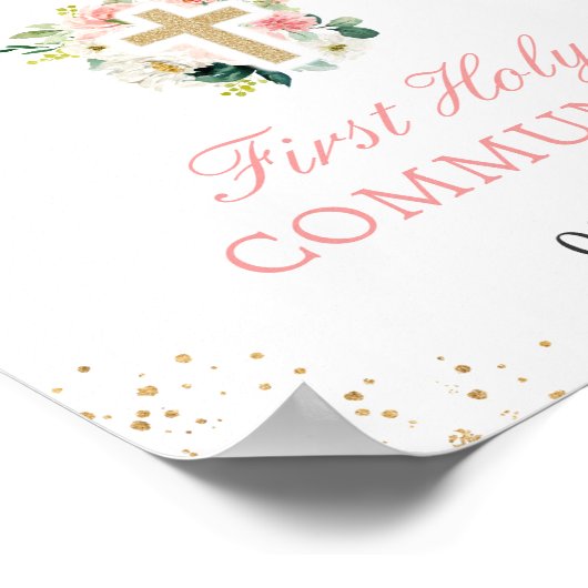 Blush Pink Floral Gold Cross First Sign Poster (Hoek)