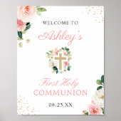 Blush Pink Floral Gold Cross First Sign Poster (Voorkant)
