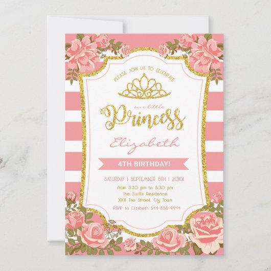 Blush Pink Floral Gold Crown Prinses Verjaardag Kaart (Voorkant)