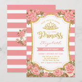 Blush Pink Floral Gold Crown Prinses Verjaardag Kaart (Voorkant / Achterkant)