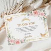 Blush Pink Floral Gold Crown Quinceañera Butterfly Bedankkaart