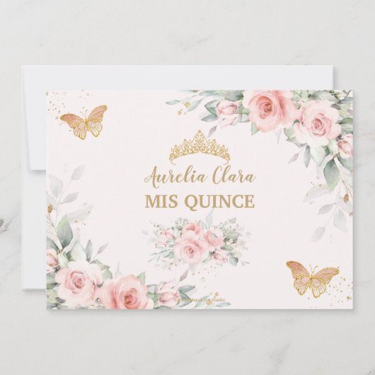 Blush Pink Floral Gold Crown Quinceañera Butterfly Bedankkaart (Achterkant)