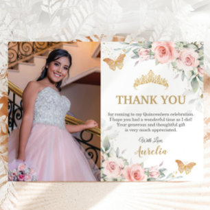 Blush Pink Floral Gold Crown Quinceañera Foto Bedankkaart