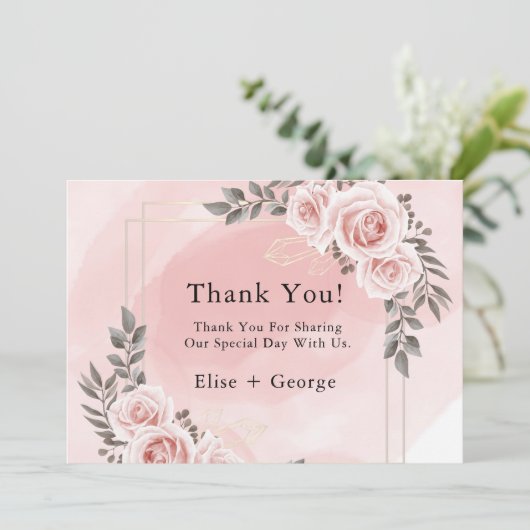 Blush Pink Floral Gold Crystal Dank u kaart (Staand voorkant)