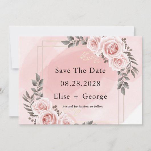 Blush Pink Floral Gold Crystal Save The Date Kaart (Voorkant)