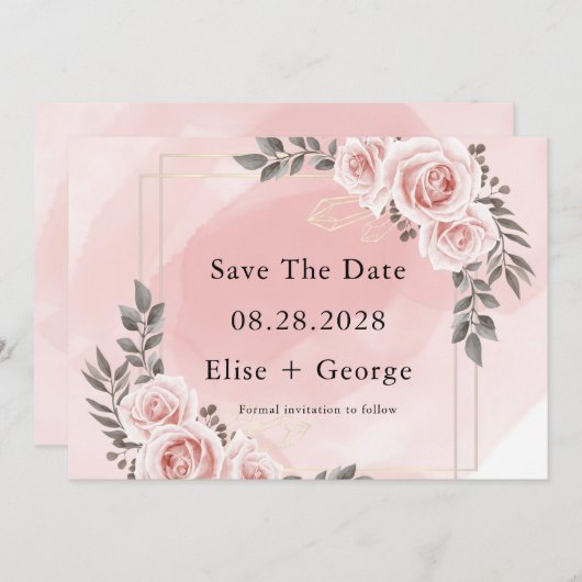 Blush Pink Floral Gold Crystal Save The Date Kaart (Voorkant / Achterkant)