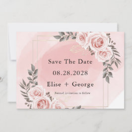 Blush Pink Floral Gold Crystal Save The Date Kaart