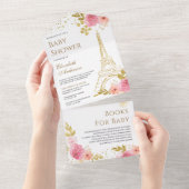 Blush Pink Floral Gold Eiffel Tower Baby shower All In One Uitnodiging (Afscheurbaar)