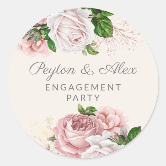Blush Pink Floral Gold  Engagement Party Ronde Sticker (Voorkant)