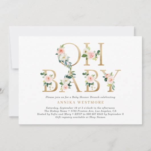 Blush Pink Floral Gold Foil Letters Baby shower Kaart (Voorkant)