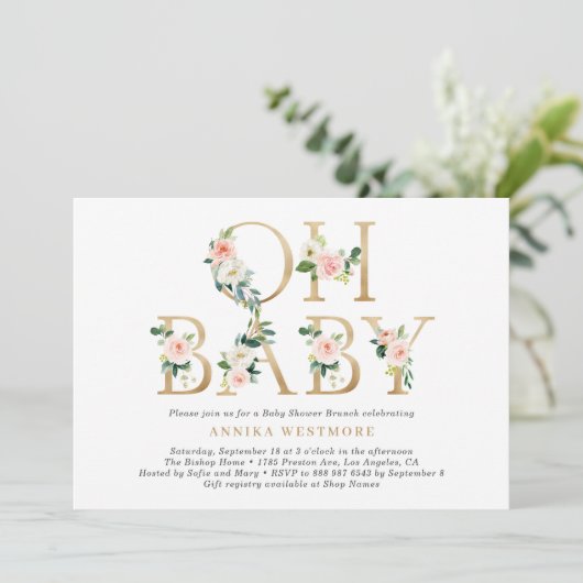 Blush Pink Floral Gold Foil Letters Baby shower Kaart (Staand voorkant)