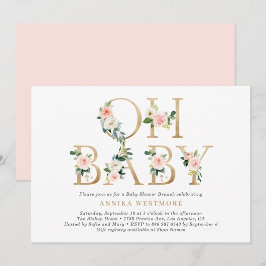 Blush Pink Floral Gold Foil Letters Baby shower Kaart (Voorkant / Achterkant)