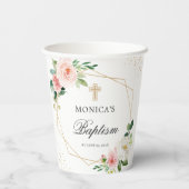 Blush Pink Floral Gold Geometric Baptisme Papieren Bekers (Achterkant)