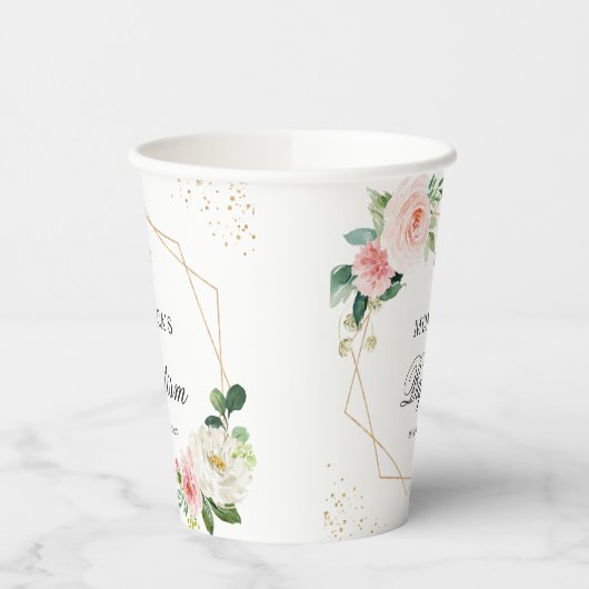 Blush Pink Floral Gold Geometric Baptisme Papieren Bekers (Links)