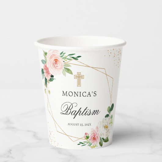 Blush Pink Floral Gold Geometric Baptisme Papieren Bekers (Voorkant)