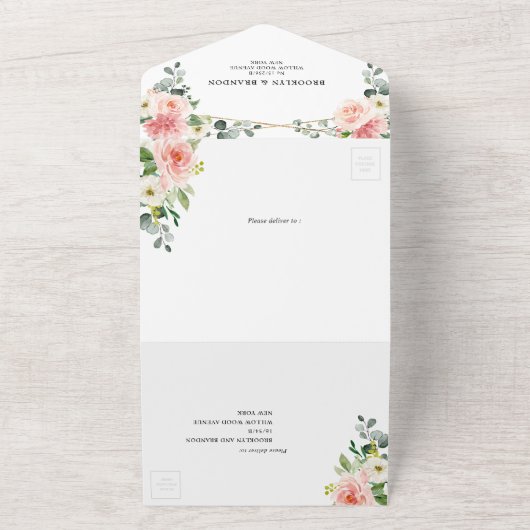Blush Pink Floral Gold Geometric Botanical Weddens All In One Uitnodiging (Buitenkant)