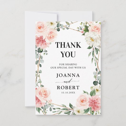 Blush Pink Floral Gold Geometric Botanical Weddens Bedankkaart (Voorkant)