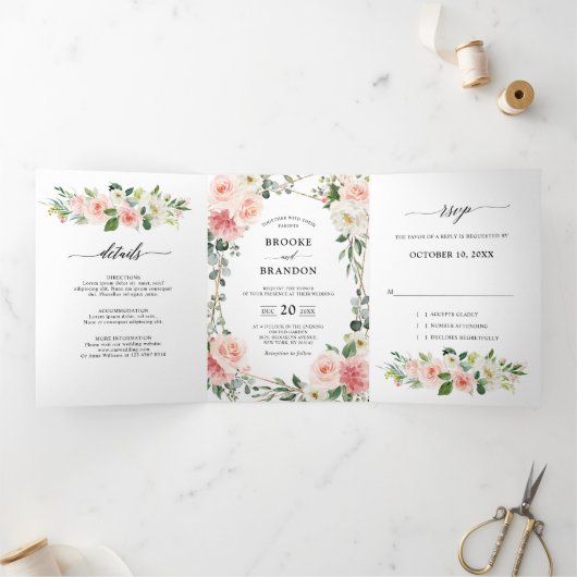 Blush Pink Floral Gold Geometric Botanical Weddens Drieluik Aankondiging (Binnen)