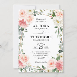 Blush Pink Floral Gold Geometric Botanical Weddens Kaart