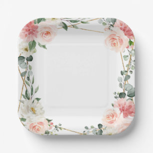 Blush Pink Floral Gold Geometric Botanical Weddens Papieren Bordje