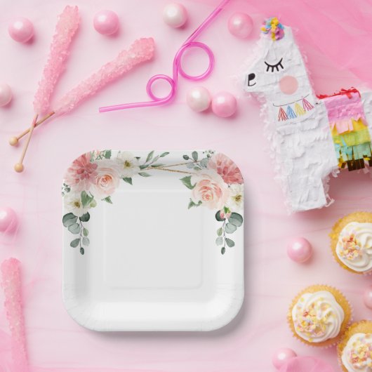 Blush Pink Floral Gold Geometric Botanical Weddens Papieren Bordje (Feest)