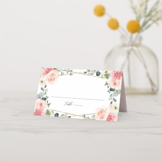 Blush Pink Floral Gold Geometric Botanical Weddens Plaatskaartje (Voorkant)