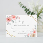 Blush Pink Floral Gold Geometric Botanical Weddens RSVP Kaartje (Staand voorkant)