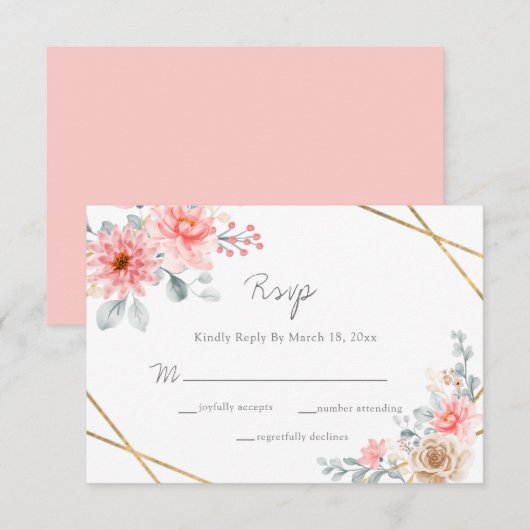 Blush Pink Floral Gold Geometric Botanical Weddens RSVP Kaartje (Voorkant / Achterkant)