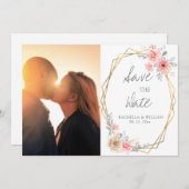 Blush Pink Floral Gold Geometric Botanical Weddens Save The Date (Voorkant / Achterkant)
