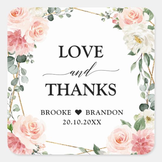 Blush Pink Floral Gold Geometric Botanical Weddens Vierkante Sticker (Voorkant)