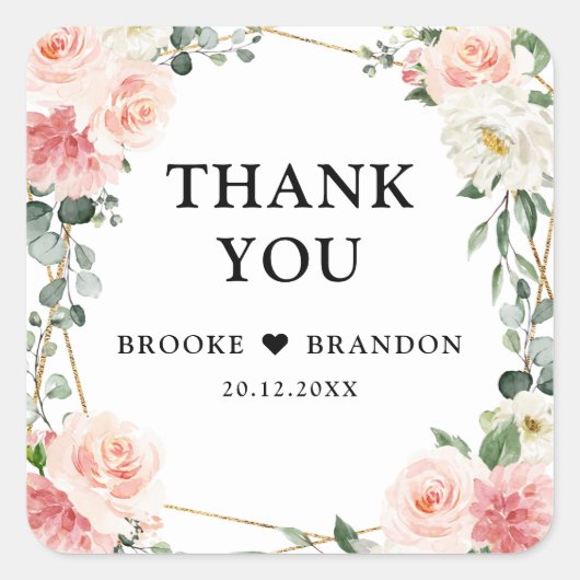 Blush Pink Floral Gold Geometric Botanical Weddens Vierkante Sticker (Voorkant)