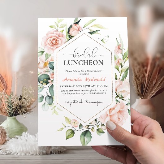 Blush Pink Floral Gold Geometric Bridal LUNCHEON Kaart