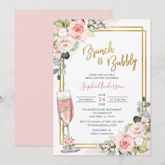 Blush Pink Floral Gold Geometric Brunch en Bubble Kaart (Voorkant / Achterkant)