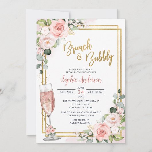 Blush Pink Floral Gold Geometric Brunch en Bubble Kaart (Voorkant)