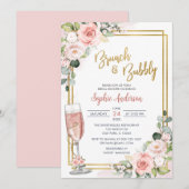 Blush Pink Floral Gold Geometric Brunch en Bubble Kaart (Voorkant / Achterkant)