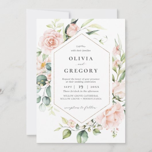 Blush Pink Floral Gold Geometric Lijst Weddenschap Kaart (Voorkant)