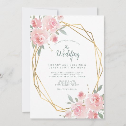 Blush Pink Floral Gold Geometric Lijst Weddenschap Kaart (Voorkant)