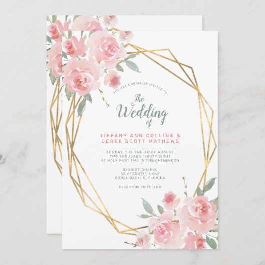 Blush Pink Floral Gold Geometric Lijst Weddenschap Kaart (Voorkant / Achterkant)