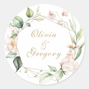Blush Pink Floral Gold Geometric Lijst Weddenschap Ronde Sticker