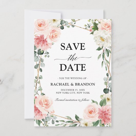 Blush Pink Floral Gold Geometric Save the Date (Voorkant)
