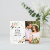 Blush Pink Floral Gold Geometric Save the Date Briefkaart (Staand voorkant)