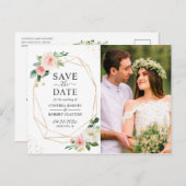 Blush Pink Floral Gold Geometric Save the Date Briefkaart (Voorkant / Achterkant)