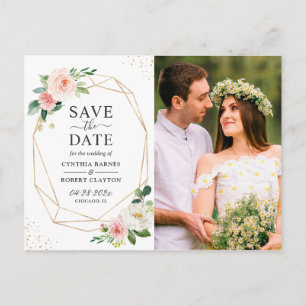 Blush Pink Floral Gold Geometric Save the Date Briefkaart
