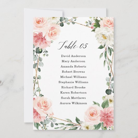 Blush Pink Floral Gold Geometric Seating Chart Kaart (Voorkant)