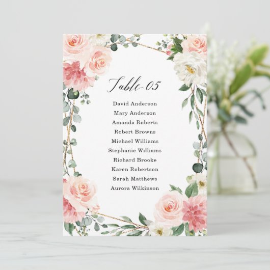 Blush Pink Floral Gold Geometric Seating Chart Kaart (Staand voorkant)