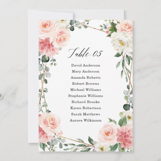Blush Pink Floral Gold Geometric Seating Chart Kaart (Achterkant)