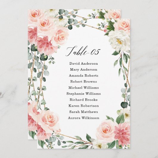 Blush Pink Floral Gold Geometric Seating Chart Kaart (Voorkant / Achterkant)