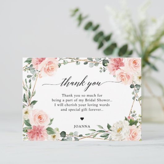 Blush Pink Floral Gold Geometric Vrijgezellenfeest Bedankkaart (Staand voorkant)