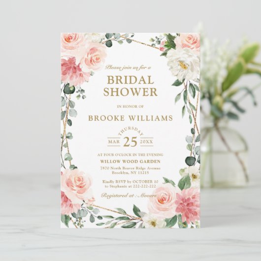 Blush Pink Floral Gold Geometric Vrijgezellenfeest Kaart (Staand voorkant)