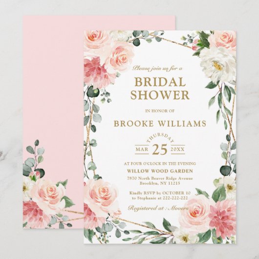 Blush Pink Floral Gold Geometric Vrijgezellenfeest Kaart (Voorkant / Achterkant)